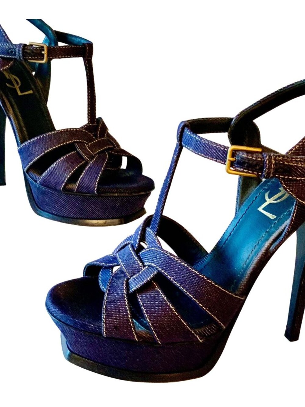 Yves Saint Laurent YSL Tribute Denim Platform Heels 36 Strappy Stiletto Sandals